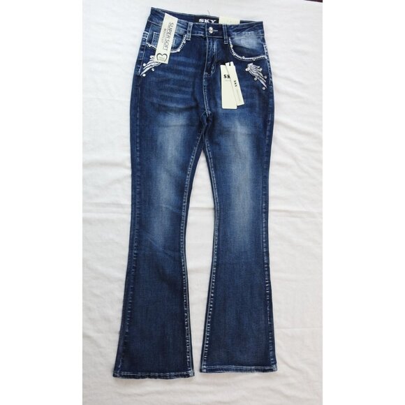 New Sky Premium Women's Western Flared Jeans Sz 7 Angel Wings Skull Y2K - Picture 2 of 12
